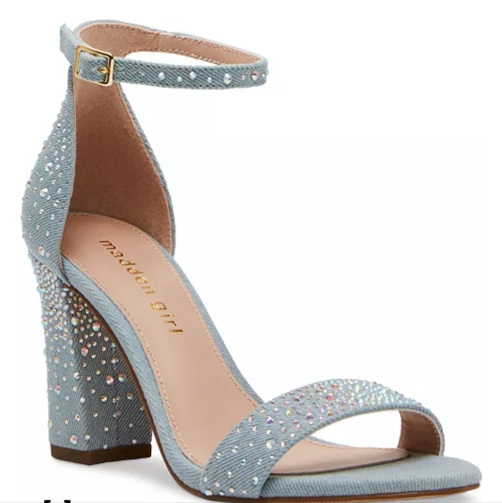 NEW Denim Madden Girl Bella Block Heel Two-Piece Rhinestone Dress Sandals 10